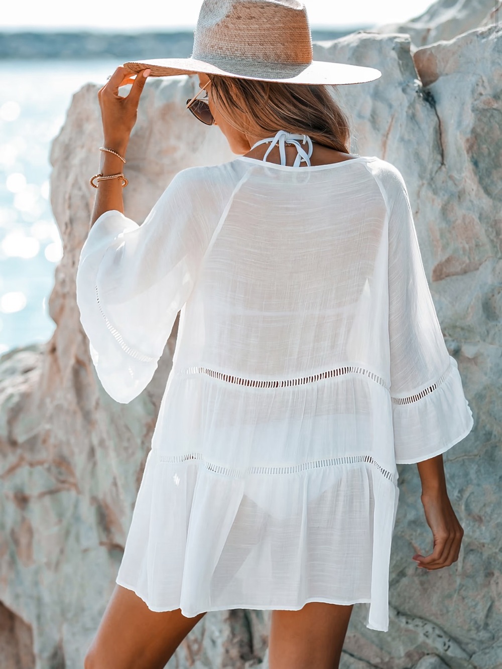 Cupshe White Ladder Cutout Tiered Cover Up Beach Shirt Dress Size M Resort - Picture 2 of 5